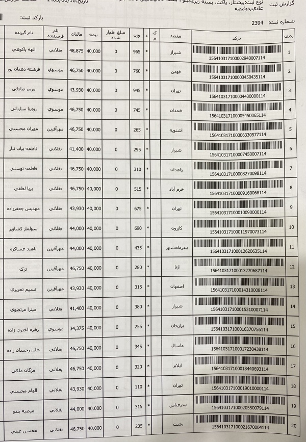 رسید مرسولات پستی ارسال شده