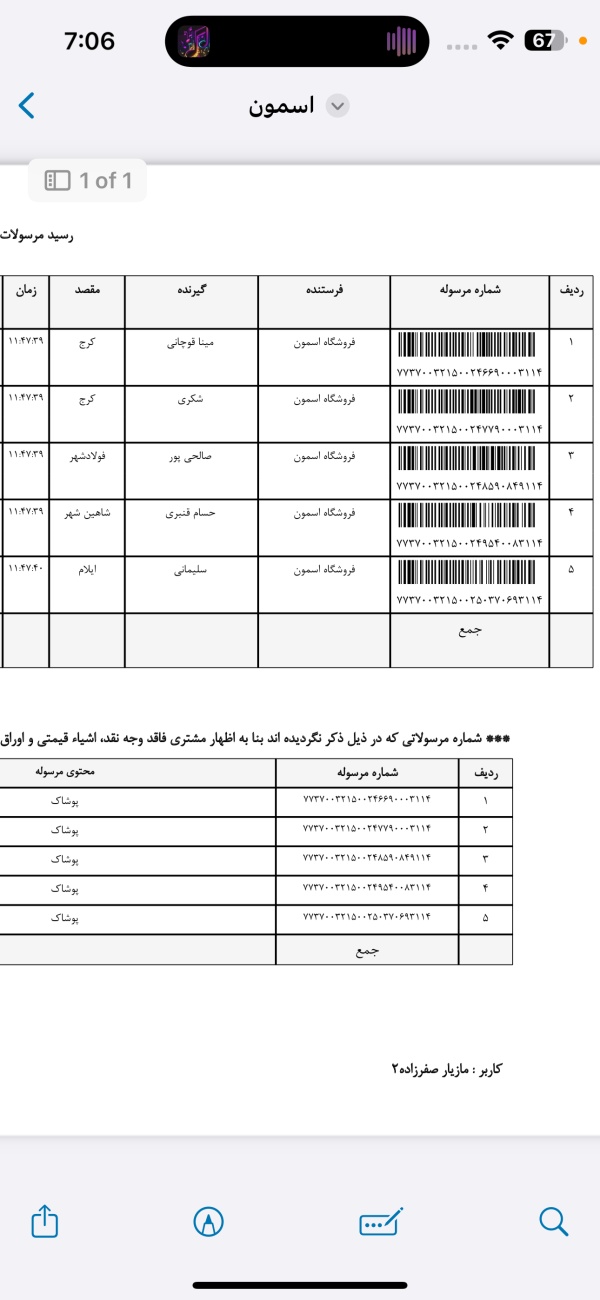 رسید مرسولات پستی ارسال شده