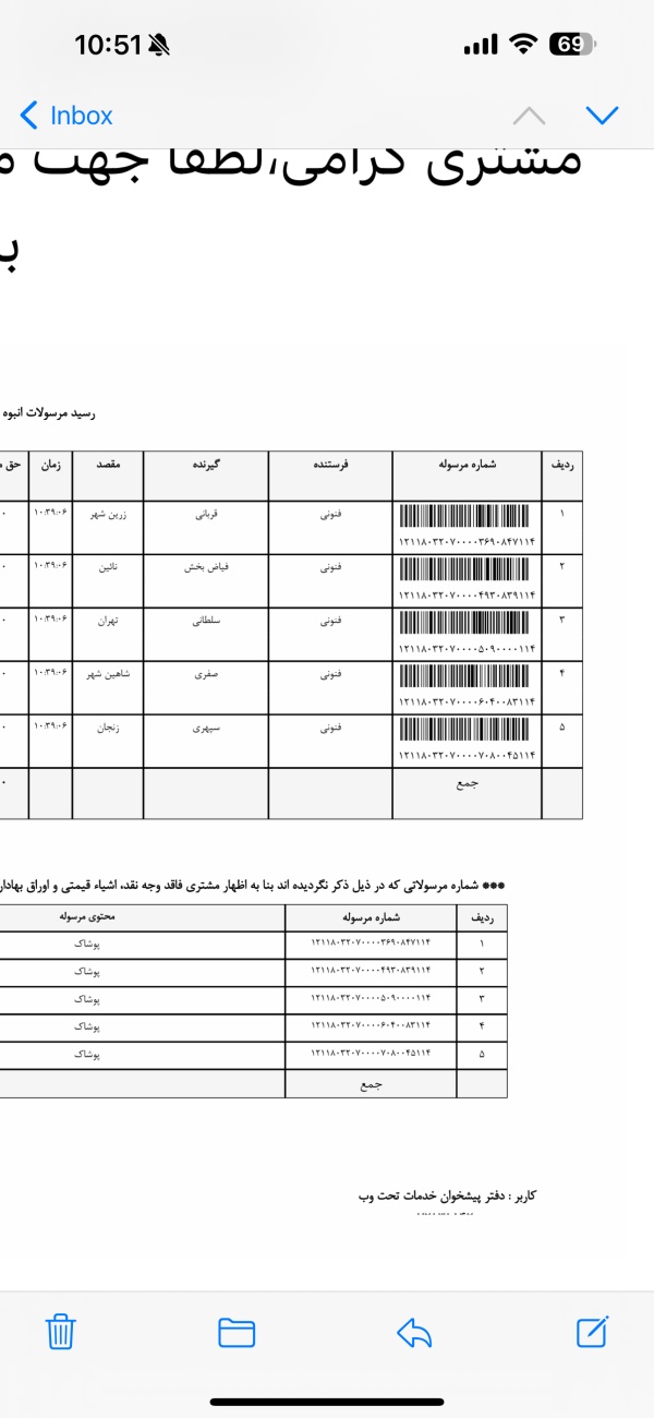 رسید مرسولات پستی ارسال شده