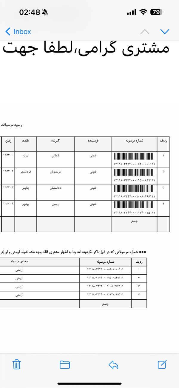 رسید مرسولات پستی ارسال شده