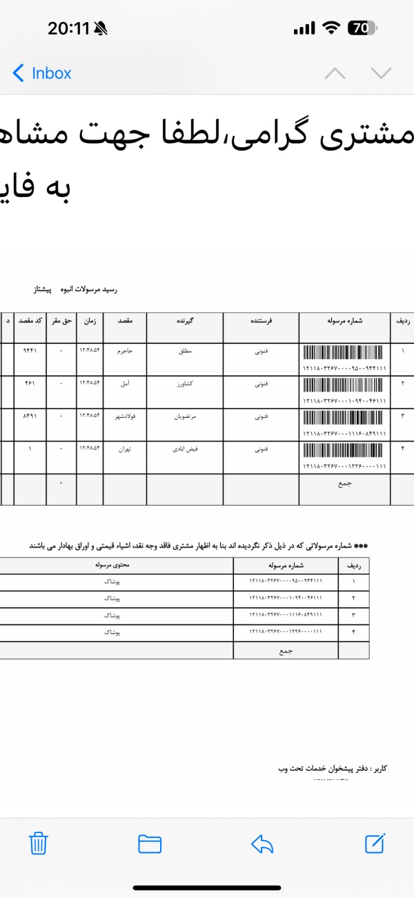 رسید مرسولات پستی ارسال شده