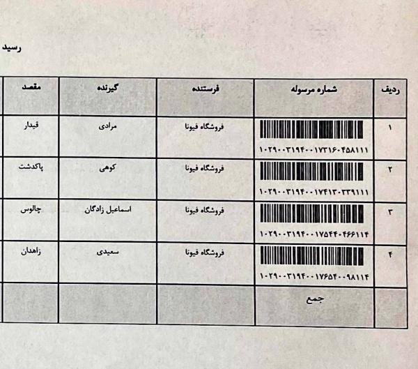 رسید مرسولات پستی ارسال شده